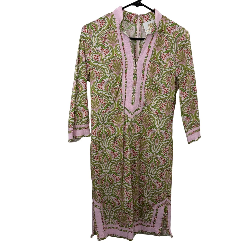 NicoBlu Dress Womens 6 Pink Paisley Block Print Cotton Tunic Shift Grosgrain
